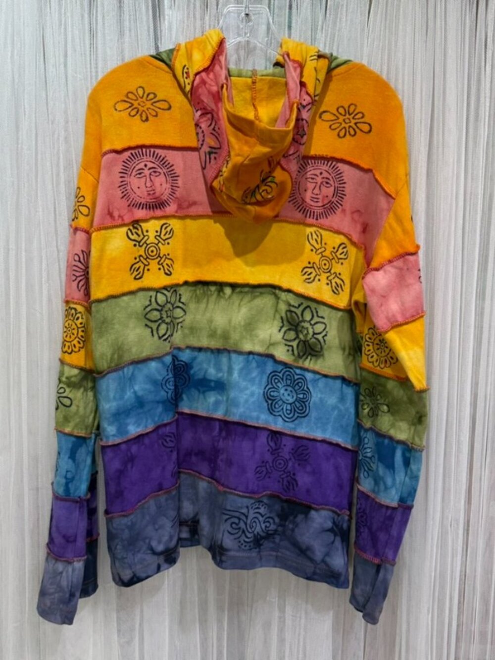 Rising International Rainbow Patchwork Hoodie Women’s XL Boho Hippie Tie Dye - Picture 3 of 10